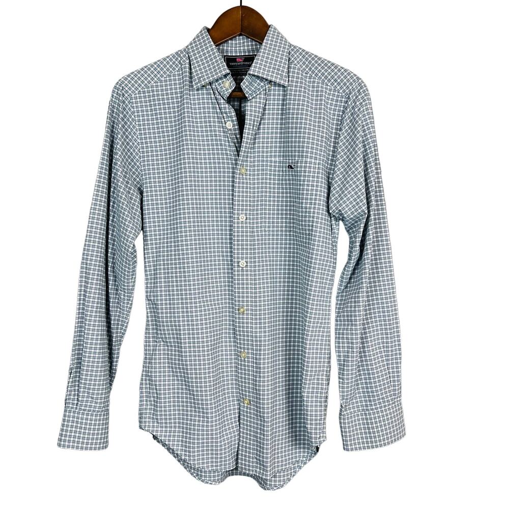 Vineyard Vines Button Up Slim Fit Tucker Shirt Long Sleeve White Grey - XS
